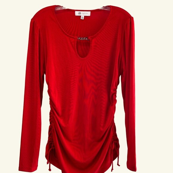Fever Red Velvet Large Ruched Top  Long Sleeve Chain Keyhole Club Party Shirt - Picture 2 of 9